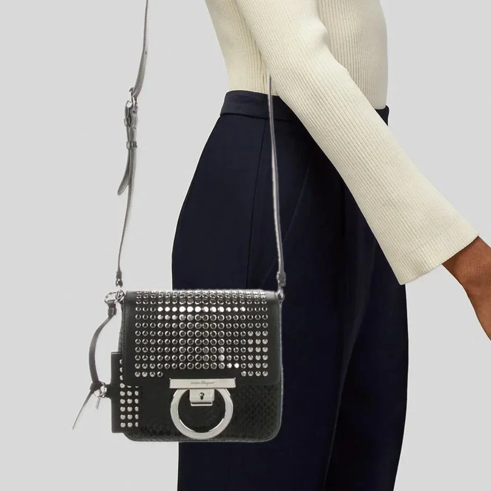 Salvatore Ferragamo Studded Exotics Python Shoulder Grancini Flap Mini Bag